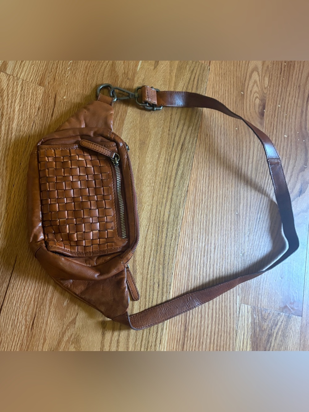 Woven Leather Crossbody Belt Bag - Brown